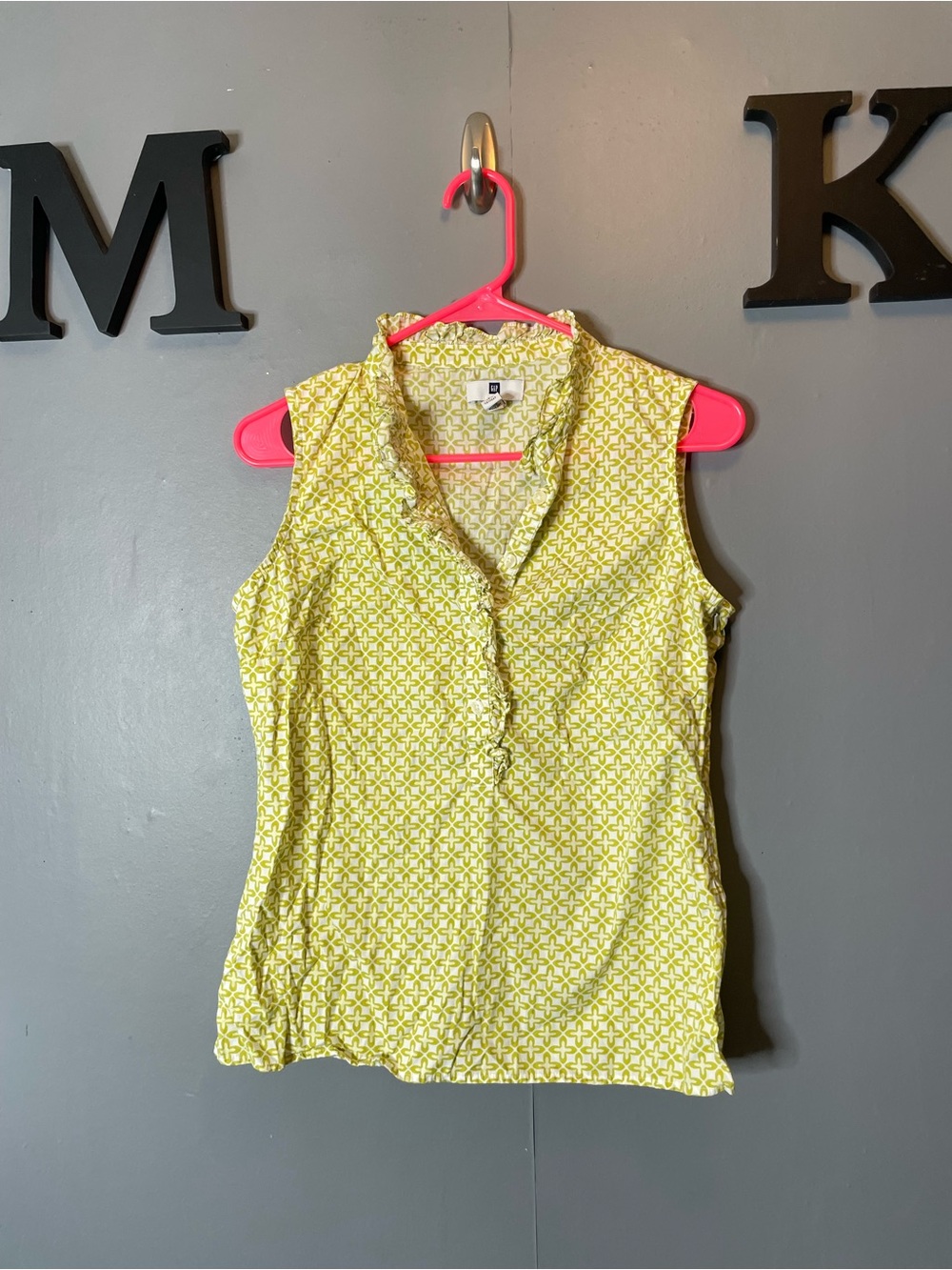 Gap Cotton Sleeveless lime green Patterned Ruffle‎ Collar Tank Top  small